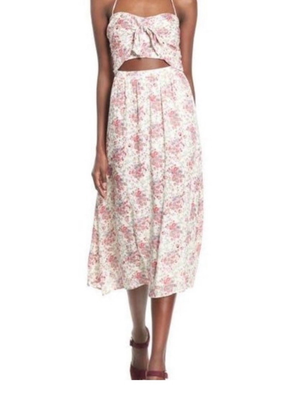 WAYF Pink and White Floral Midi Skirt